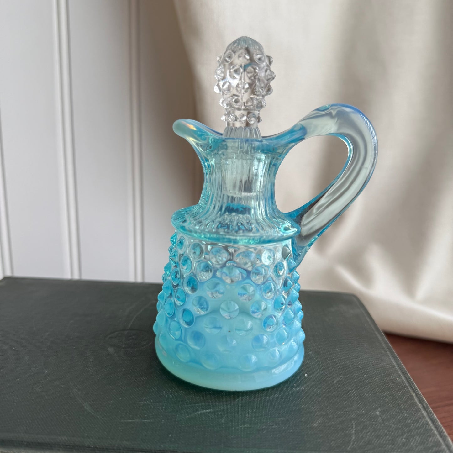 Fenton Art Glass Blue Opalescent Hobnail Cruet Bottle