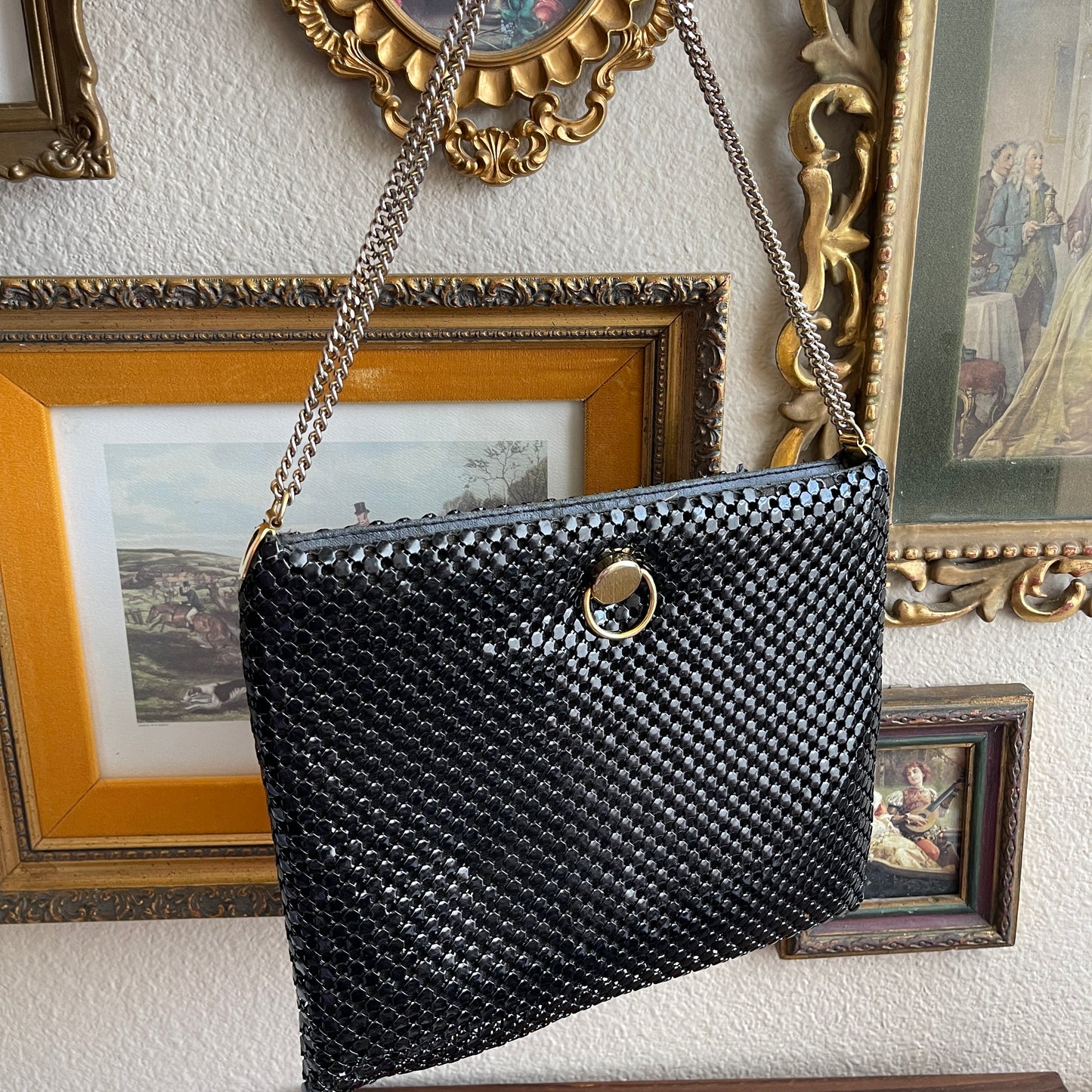 Vintage Purse Clutch Black Metal Mesh Double Chain Strap Hinged Opening