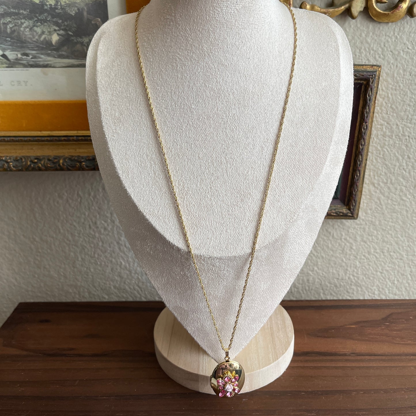 Vintage rose pink diamond with porcelain rose gold tone locket necklace