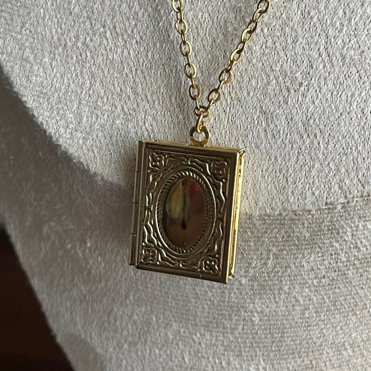 Vintage style gold tone book locket necklace
