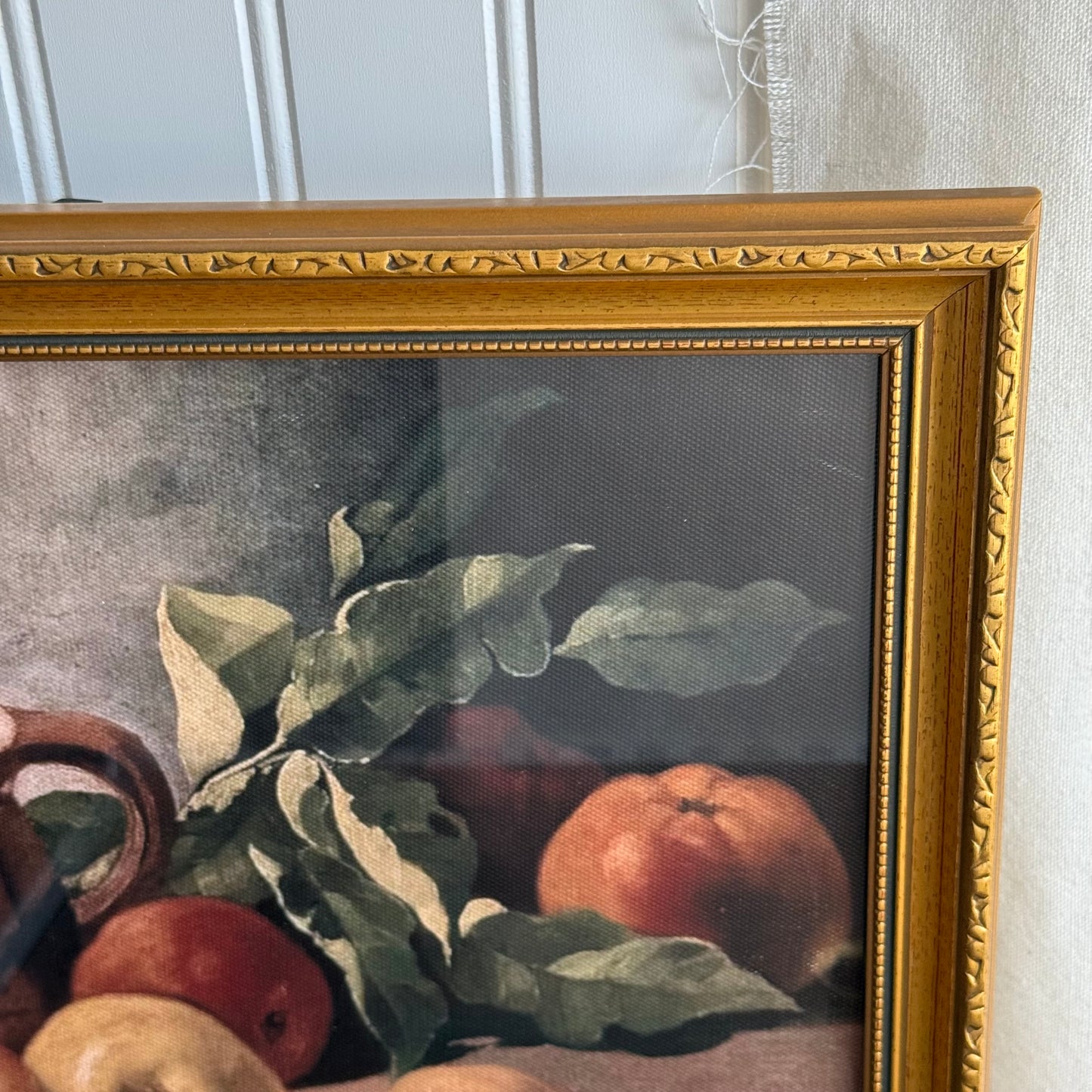 Vintage inspired Still life oranges and pitcher Canvas Print Framed