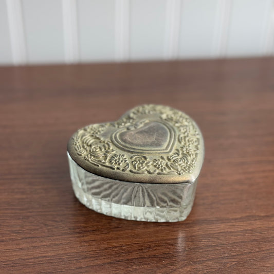 Vintage Glass Silver tone heart box trinket box
