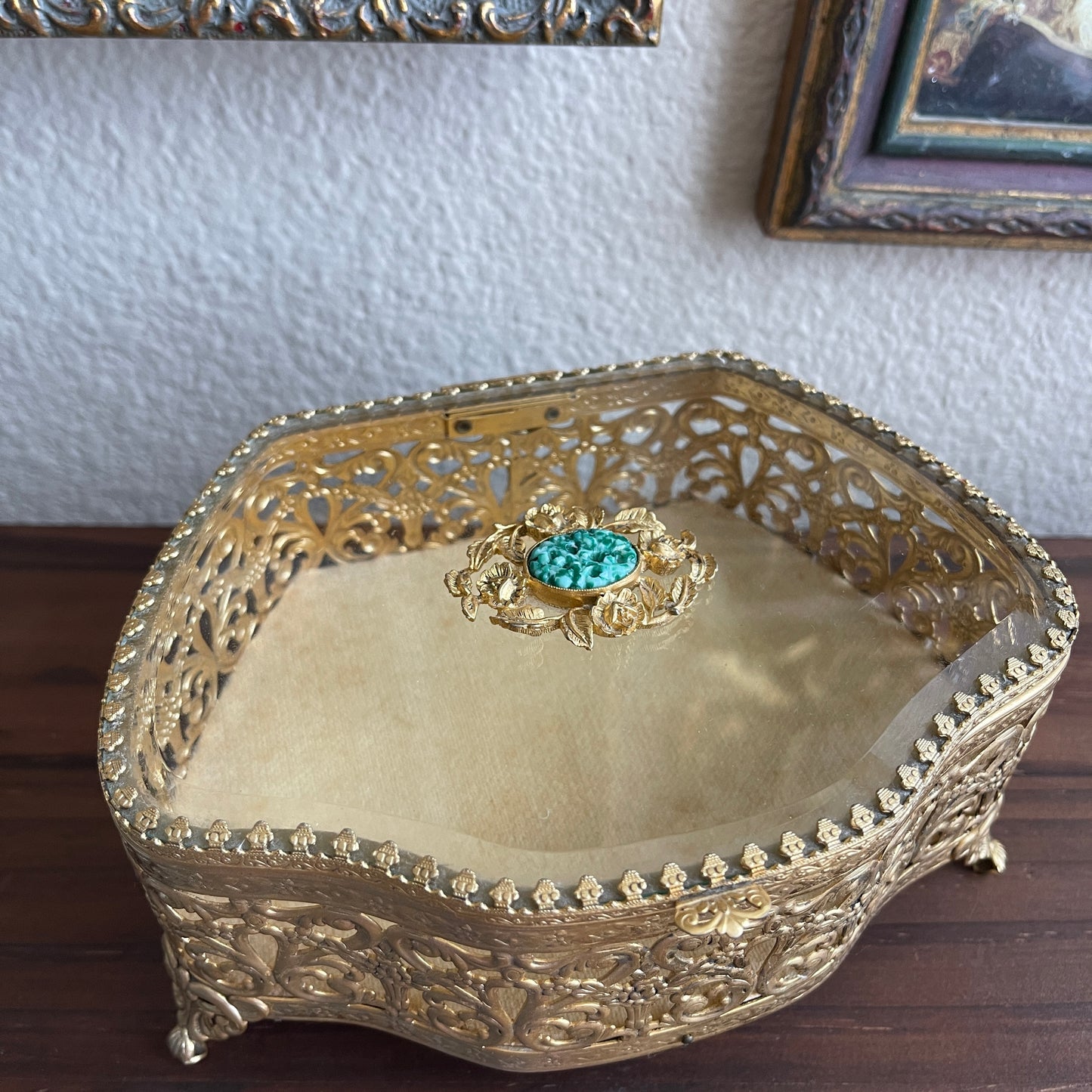 Art Nouveau Gold Gilded Glass Display Jewelry Chests Curio vanity trinket box