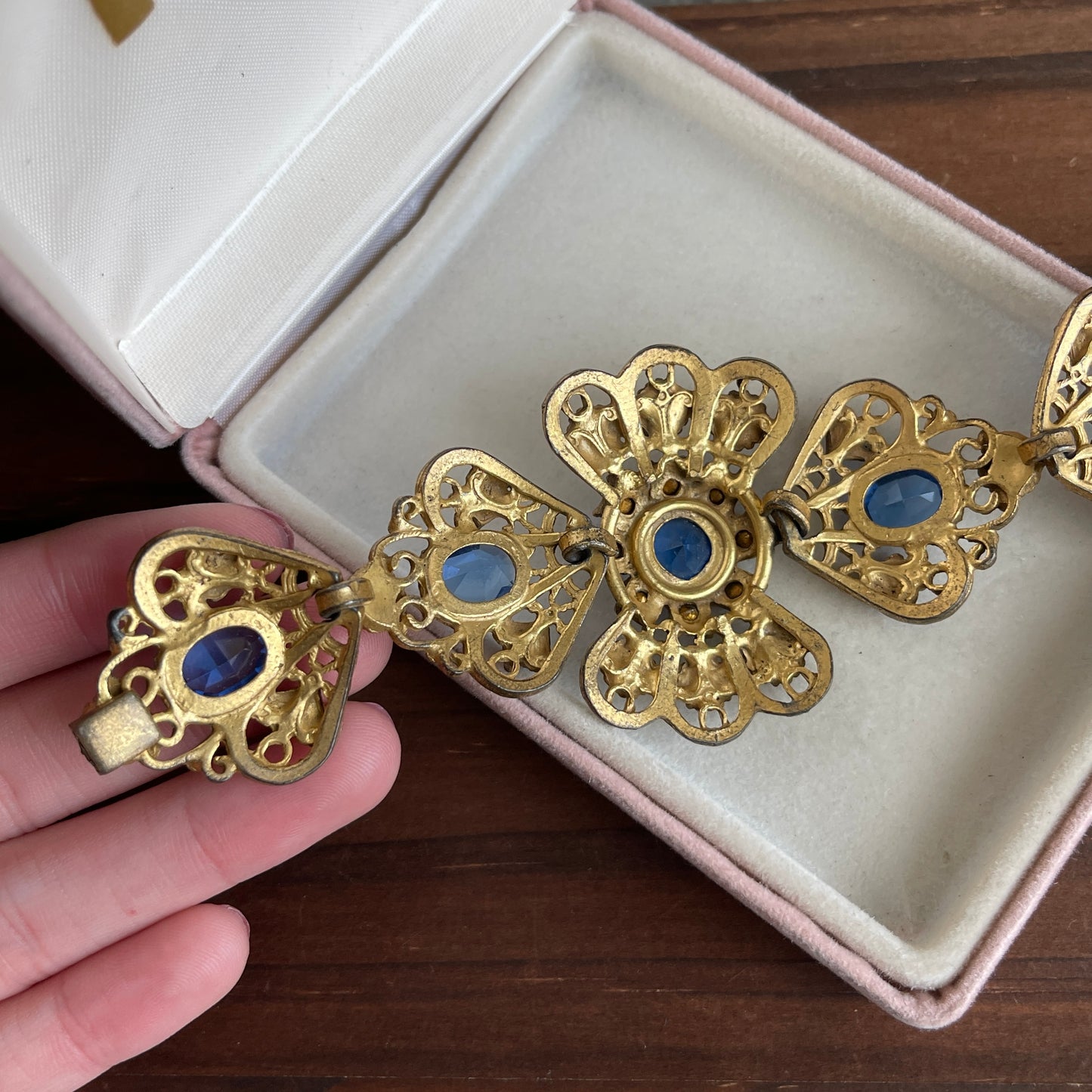 Vintage Blue Glass Rhinestone And Filigree Bracelet