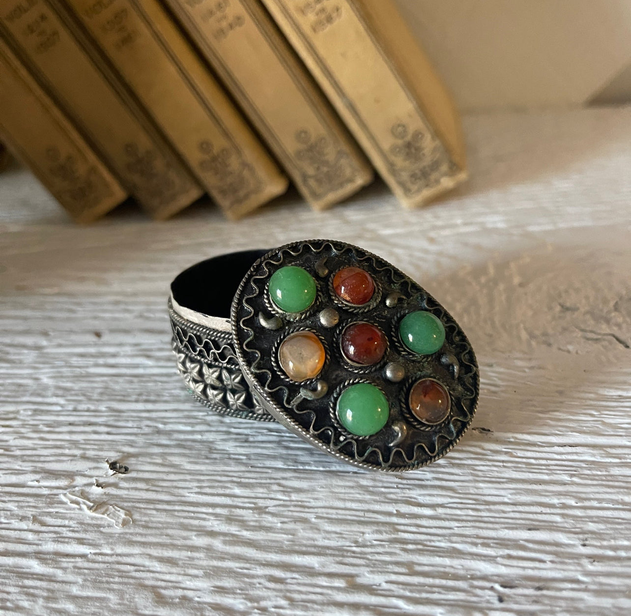 Etruscan Style Small Trinket Box with Blown Glass Cabochons