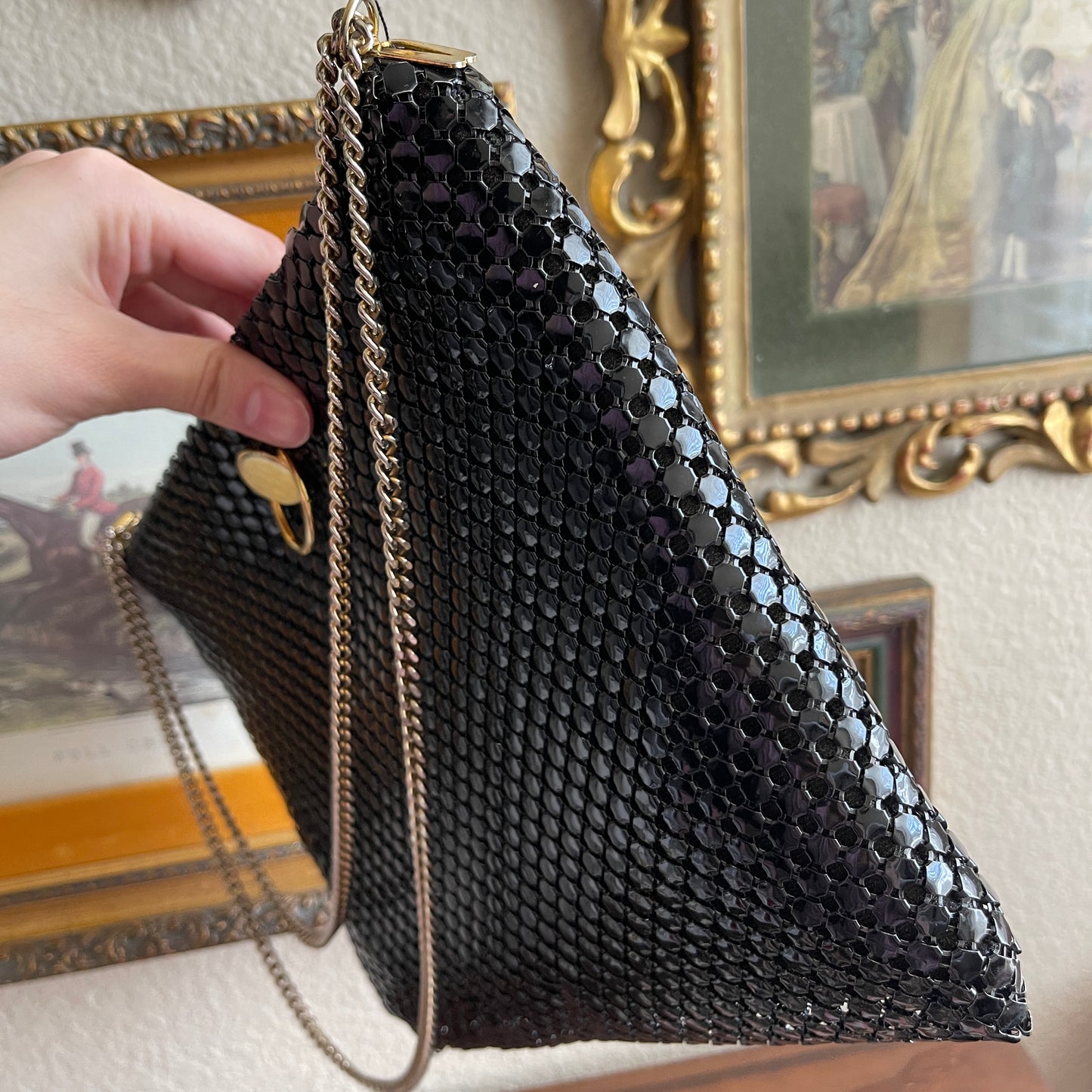 Vintage Purse Clutch Black Metal Mesh Double Chain Strap Hinged Opening