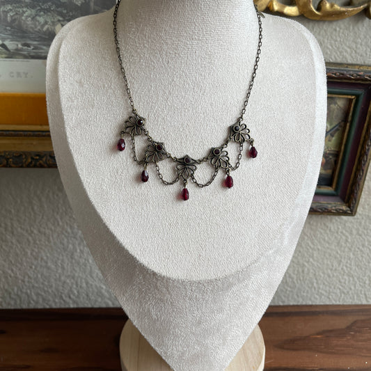 Robert Rose Necklace Amber & Bronze Tone Drape Rhinestone Facted Drop Choker