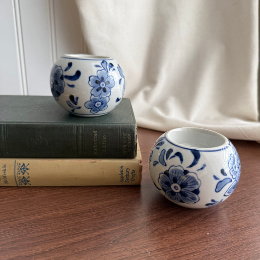 Set Of 2 Tea Light Candle Holders Blue And White Floral