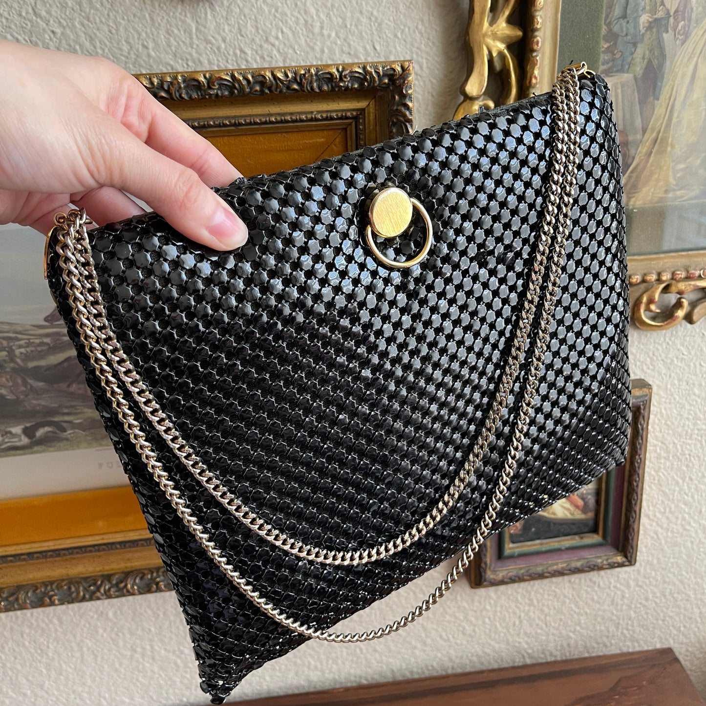 Vintage Purse Clutch Black Metal Mesh Double Chain Strap Hinged Opening