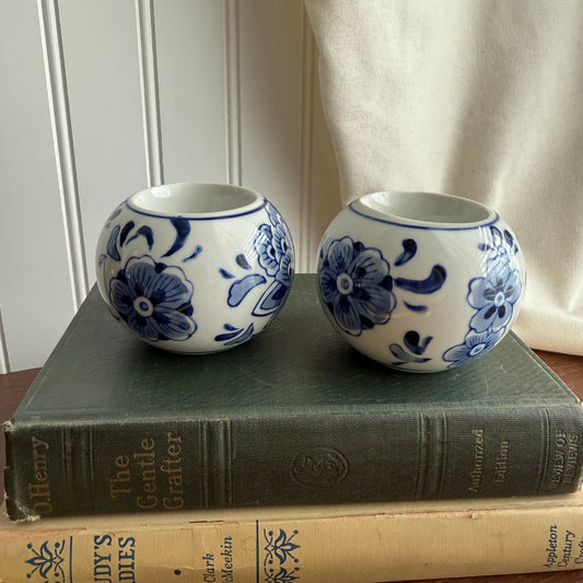 Set Of 2 Tea Light Candle Holders Blue And White Floral