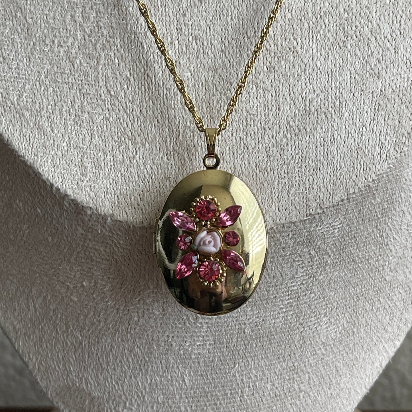 Vintage rose pink diamond with porcelain rose gold tone locket necklace