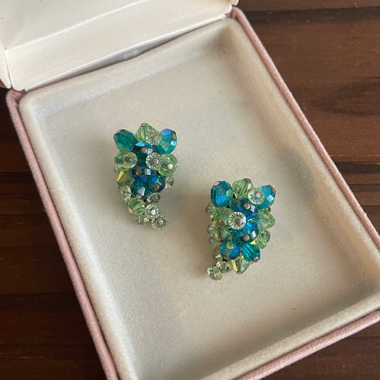 Vintage Crystal bead Cluster AB Blue Green Wrap Clip Earrings