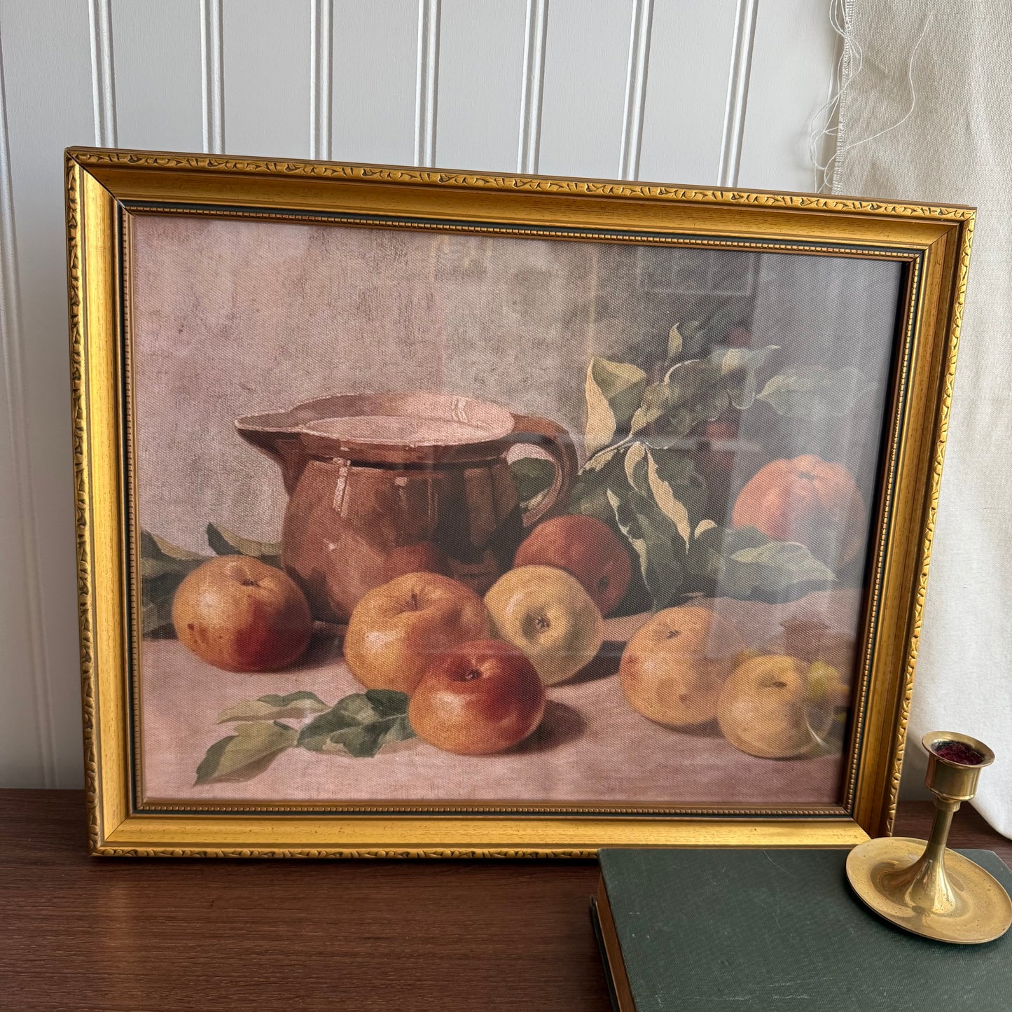 Vintage inspired Still life oranges and pitcher Canvas Print Framed