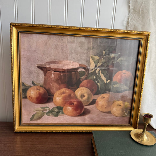 Vintage inspired Still life oranges and pitcher Canvas Print Framed