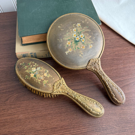 Vintage Gold tone with yellow flowers Hand Mirror and Brush set