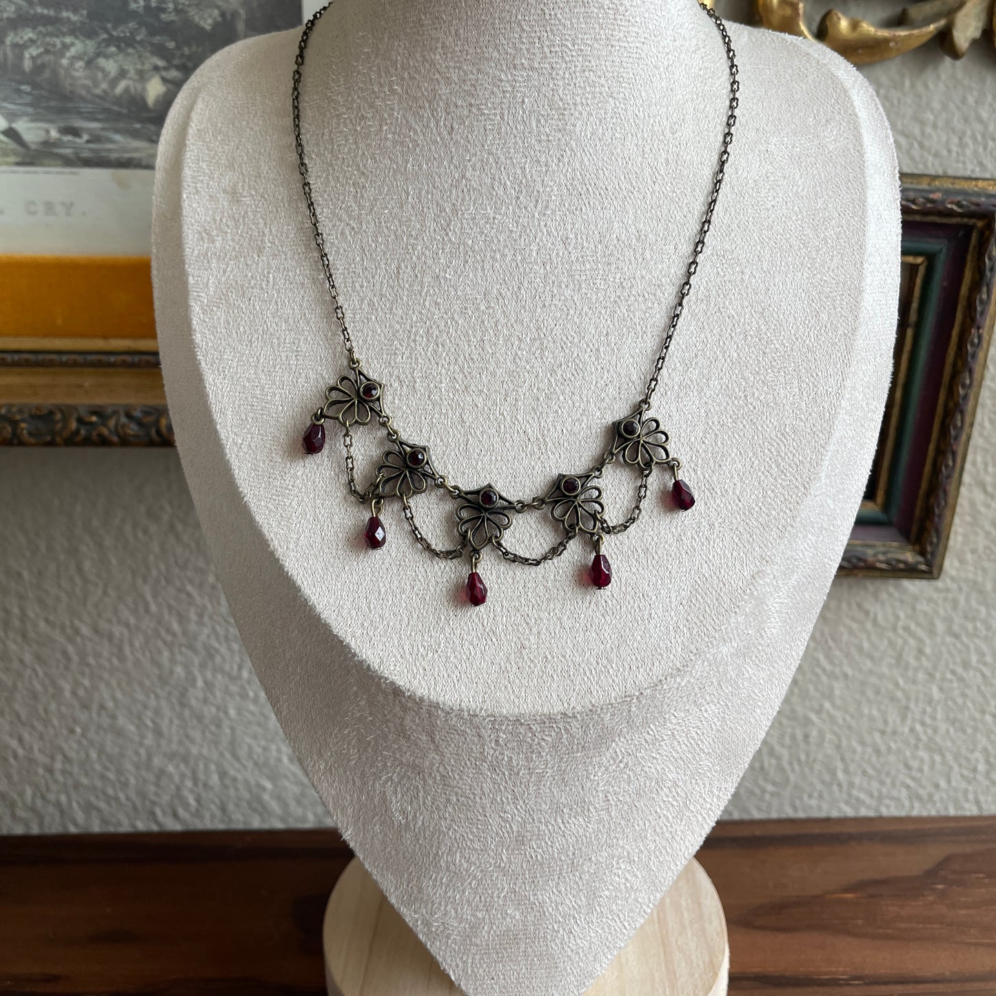 Robert Rose Necklace Amber & Bronze Tone Drape Rhinestone Facted Drop Choker