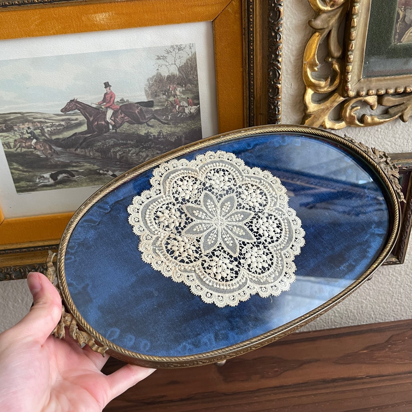 Vintage Antique Royal Blue velvet & Lace Footed Oval Dresser vanity Tray