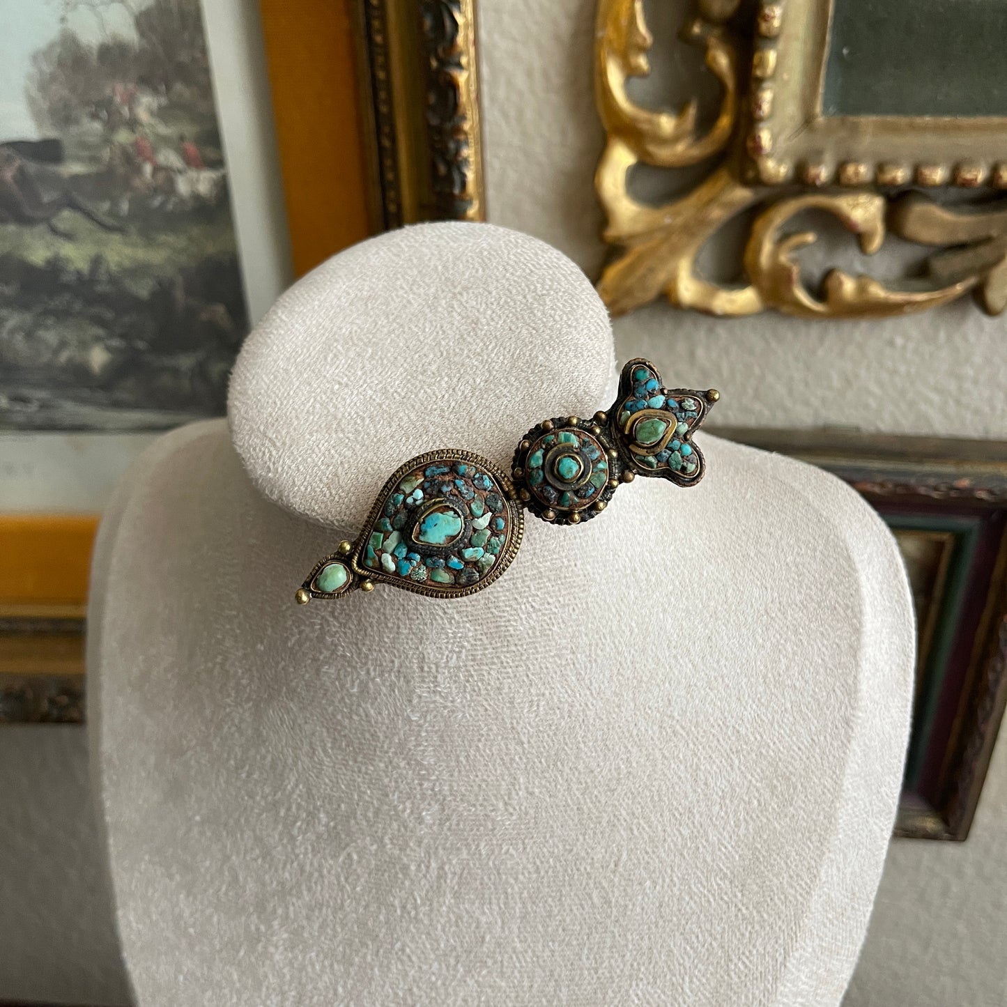 Vintage Tibetan Turquoise gold tone brooch pin