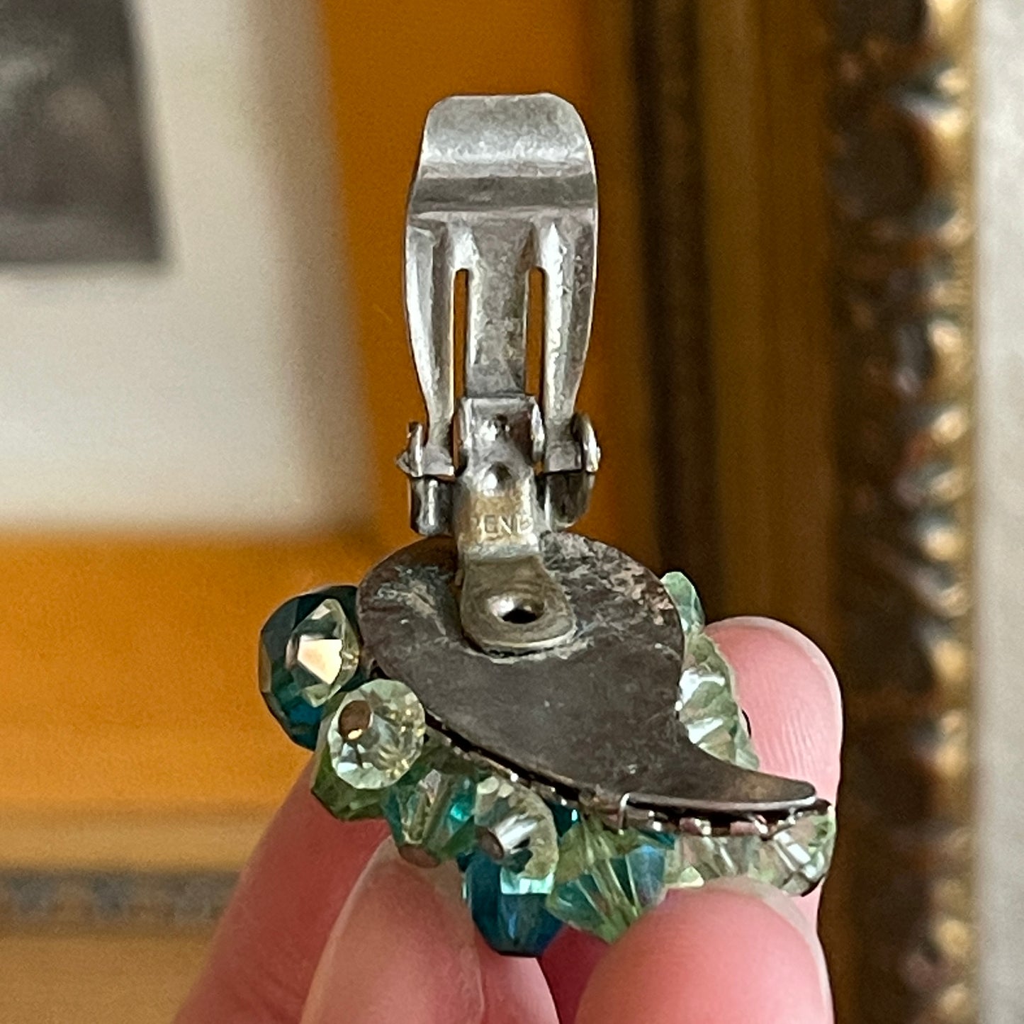 Vintage Crystal bead Cluster AB Blue Green Wrap Clip Earrings