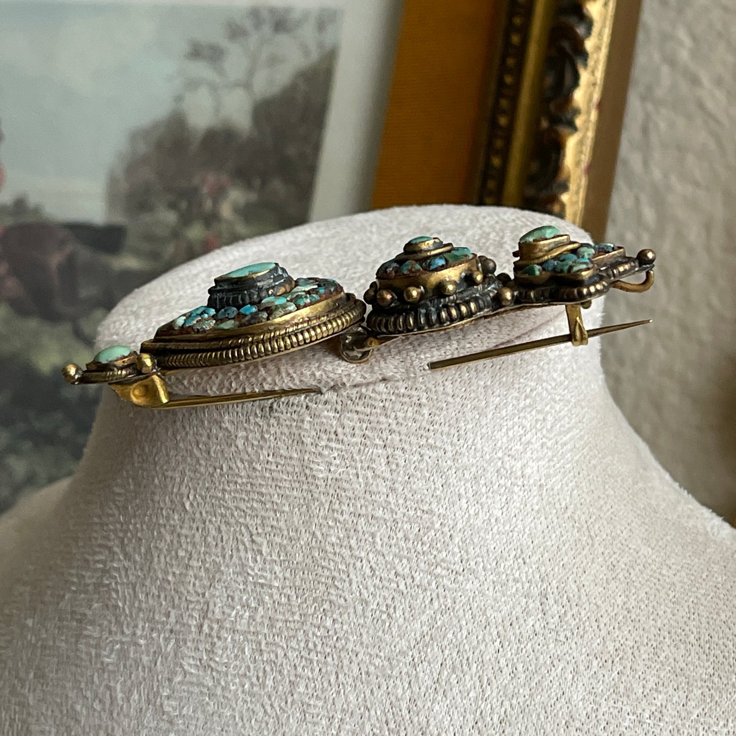 Vintage Tibetan Turquoise gold tone brooch pin