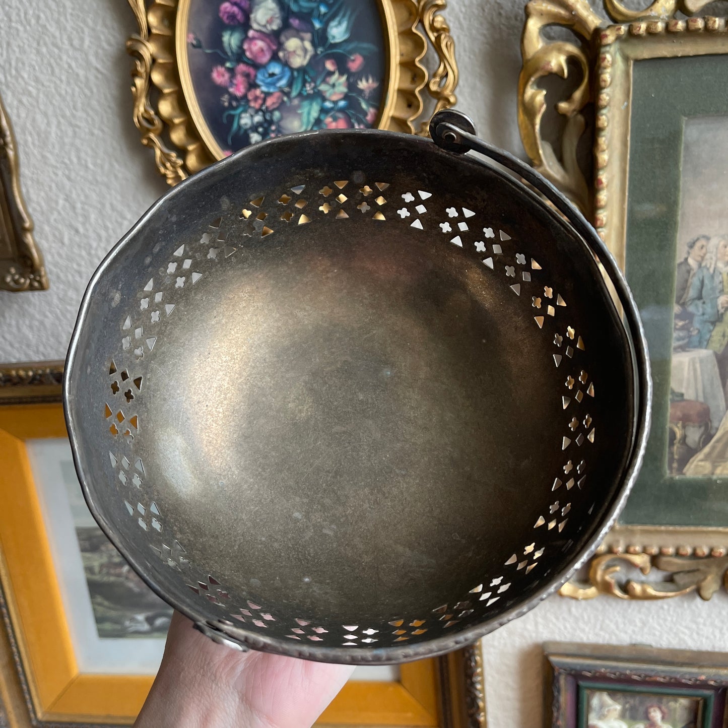 Vintage Pierced Silver Plate Basket Candy Bowl with Braid Handle