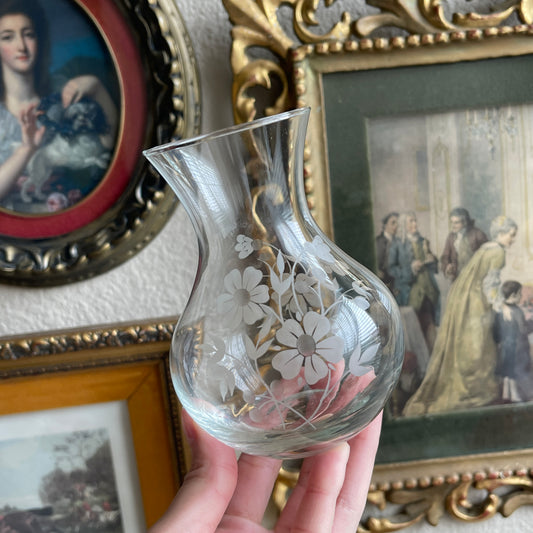Vintage clear etched floral glass vase