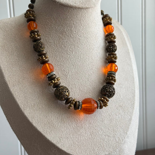Vintage Orange and Gold Beaded Necklace
