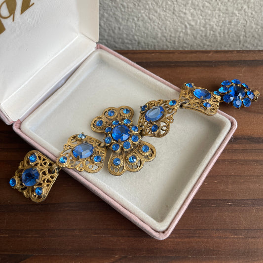 Vintage Blue Glass Rhinestone And Filigree Bracelet