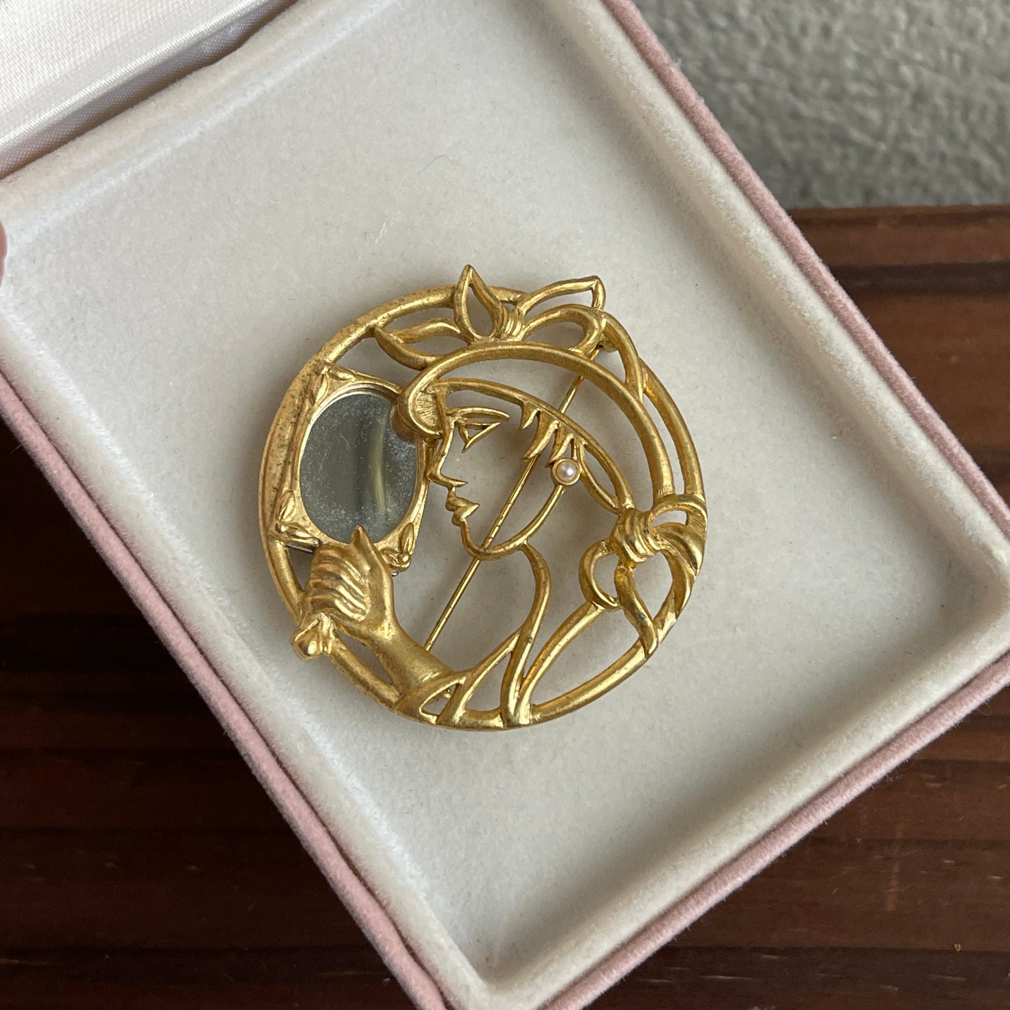 Vintage TONA Art Deco Woman Looking in Mirror Gold Vintage Brooch Pin