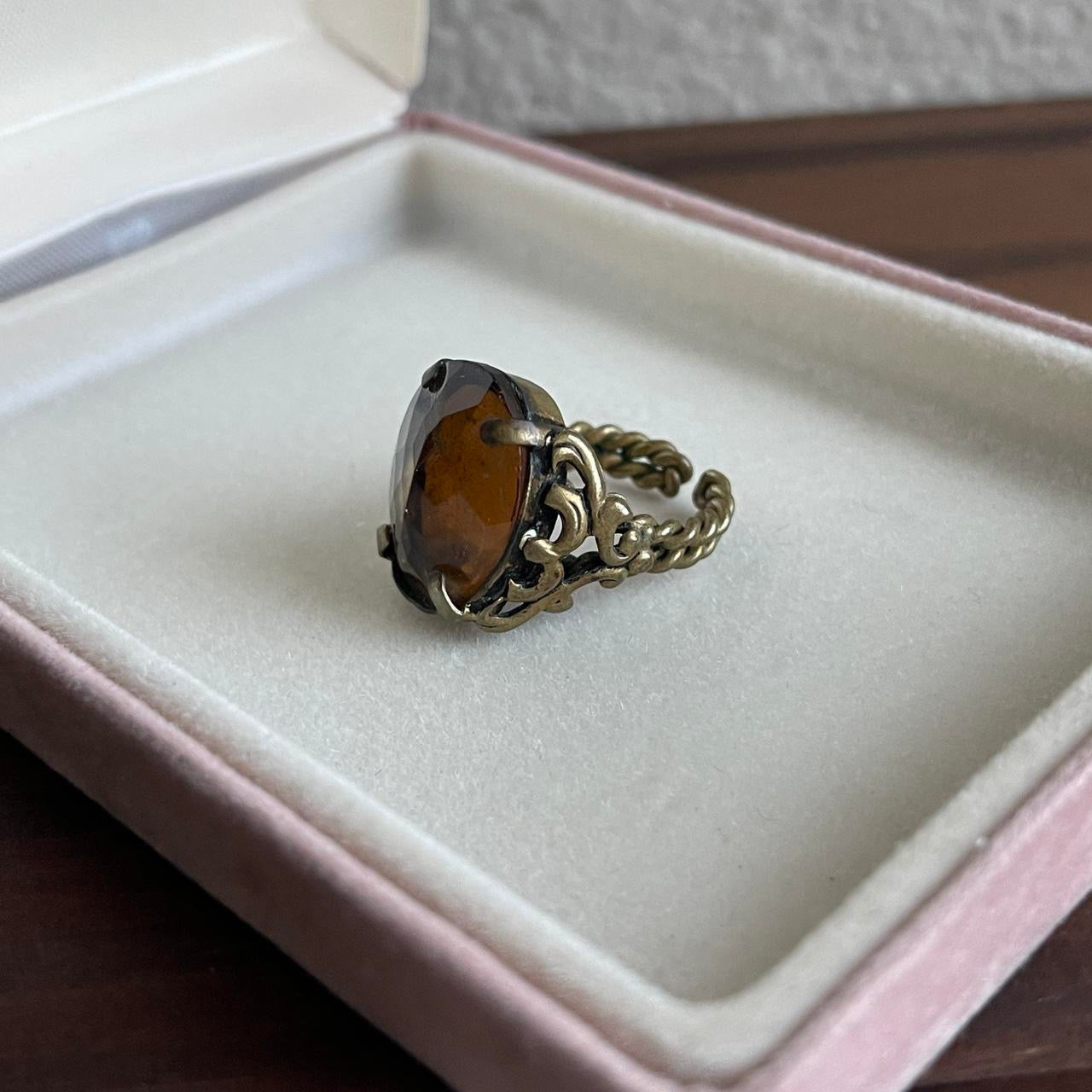 Vintage West Germany art glass Smoky topaz gemstone metal ring Adjust Regency Victorian Revival