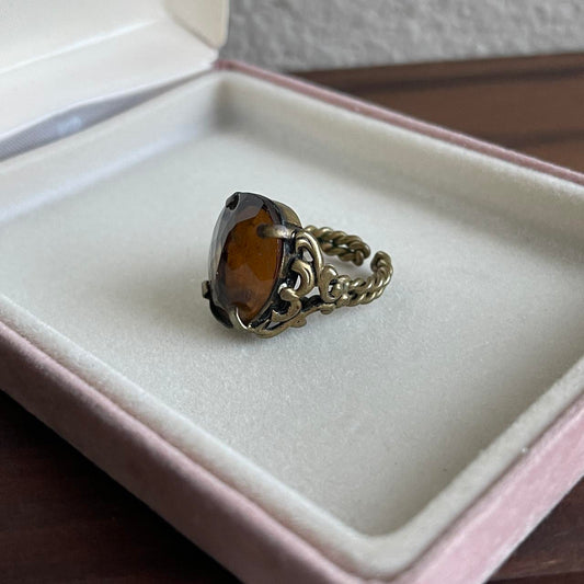 Vintage West Germany art glass Smoky topaz gemstone metal ring Adjust Regency Victorian Revival