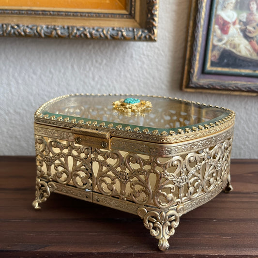 Art Nouveau Gold Gilded Glass Display Jewelry Chests Curio vanity trinket box