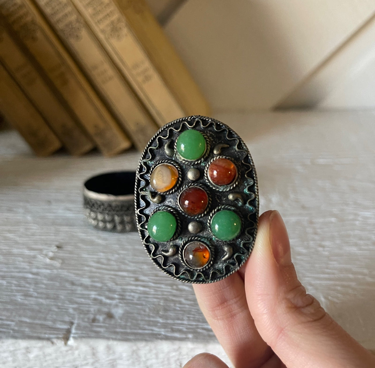 Etruscan Style Small Trinket Box with Blown Glass Cabochons