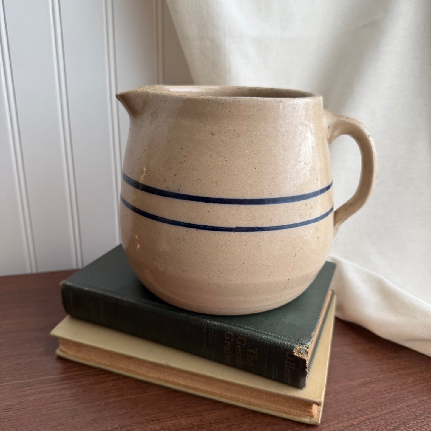 Vintage crock Tan Blue Stripes pottery