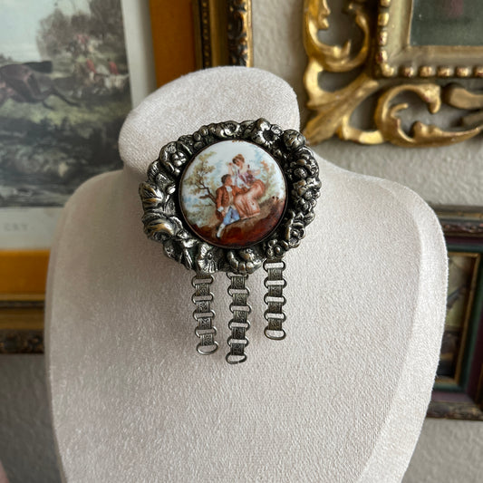 Unique porcelain courting couple scenery silver tone dangle brooch