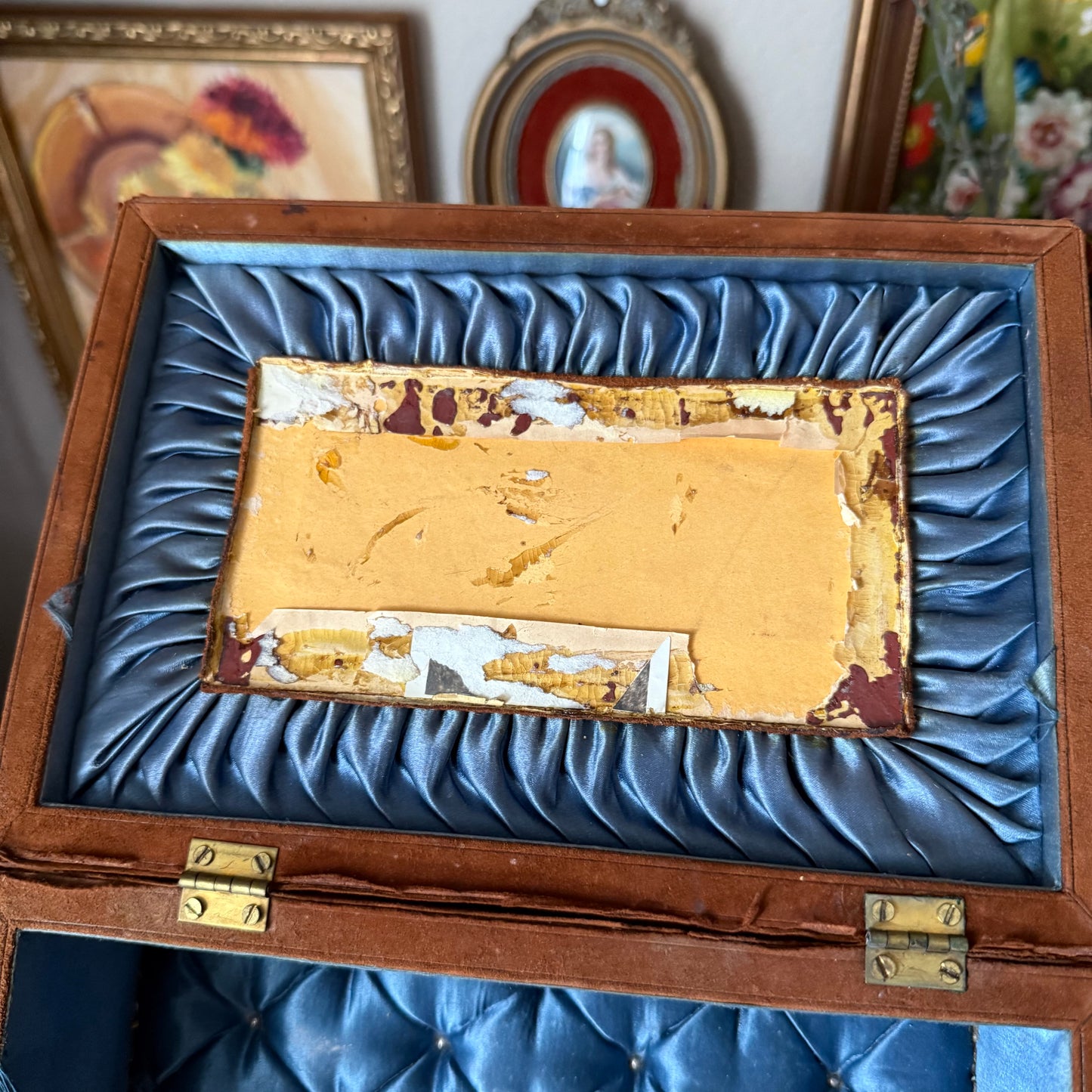 Vintage Ornate Velvet Jewelry Box – Blue Satin Tufted Interior, Decorative Metal Trim & Feet, Mid-Century Asian Design