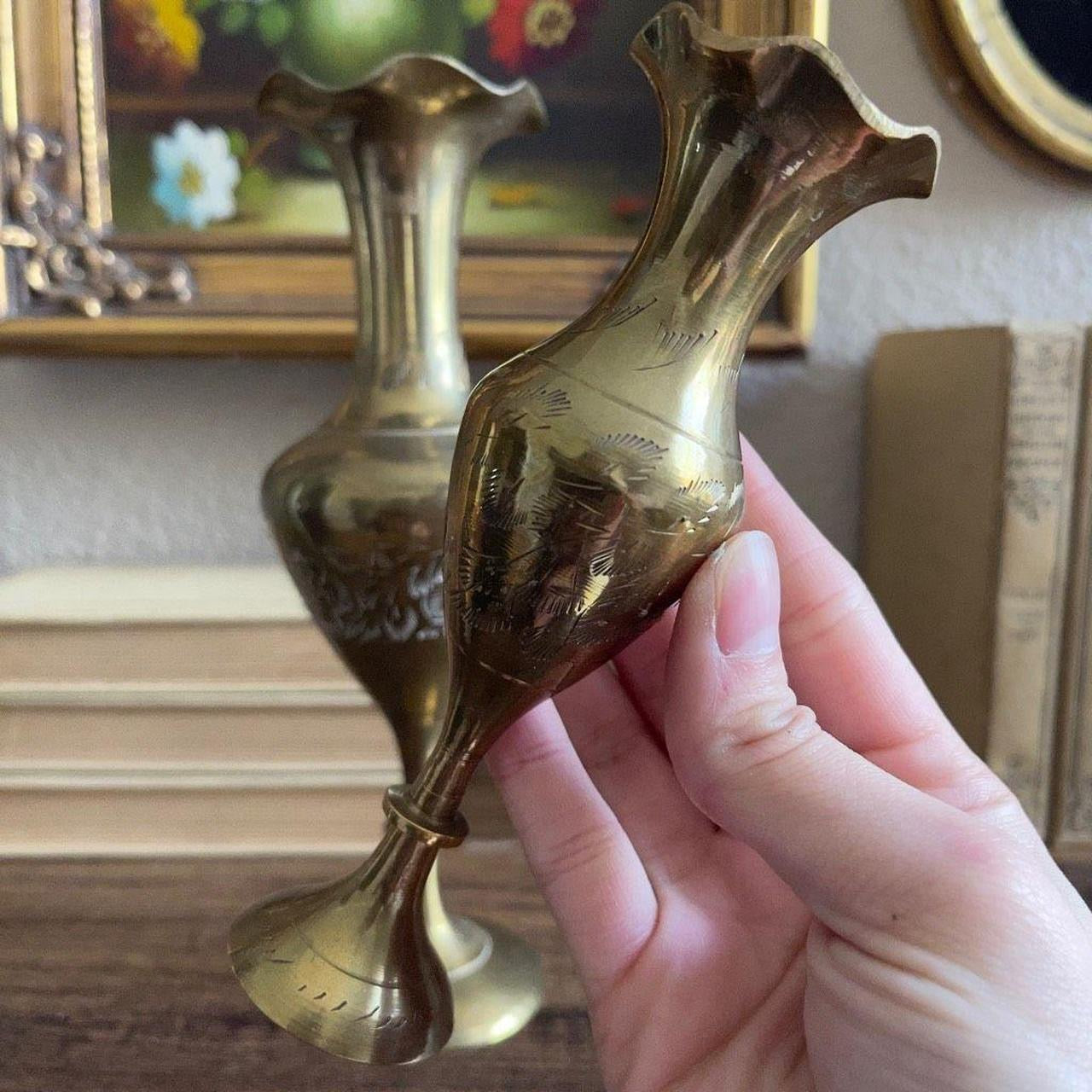 Vintage Brass Floral Vase Etched Ornate Design