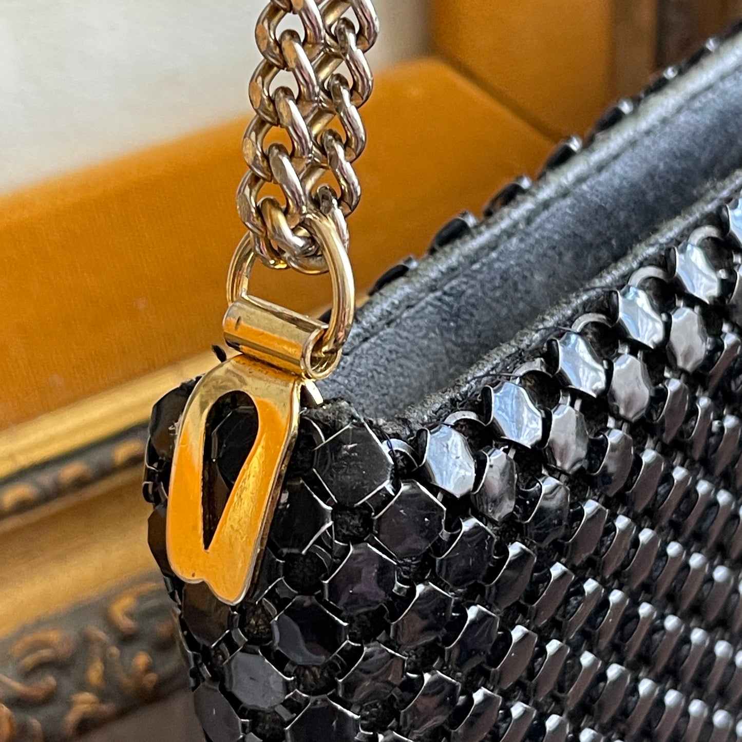 Vintage Purse Clutch Black Metal Mesh Double Chain Strap Hinged Opening