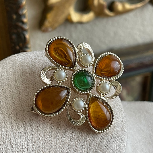 Vintage Emmons Gold Tone Maltese Cross Brooch Pin Faux Pearls Cabochon Stones