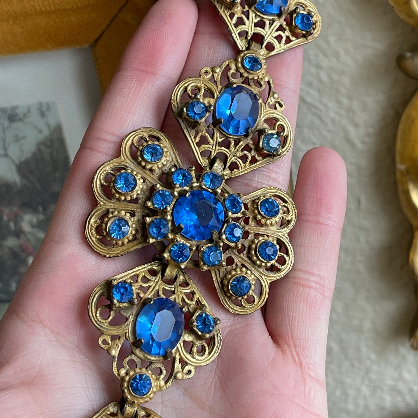 Vintage Blue Glass Rhinestone And Filigree Bracelet