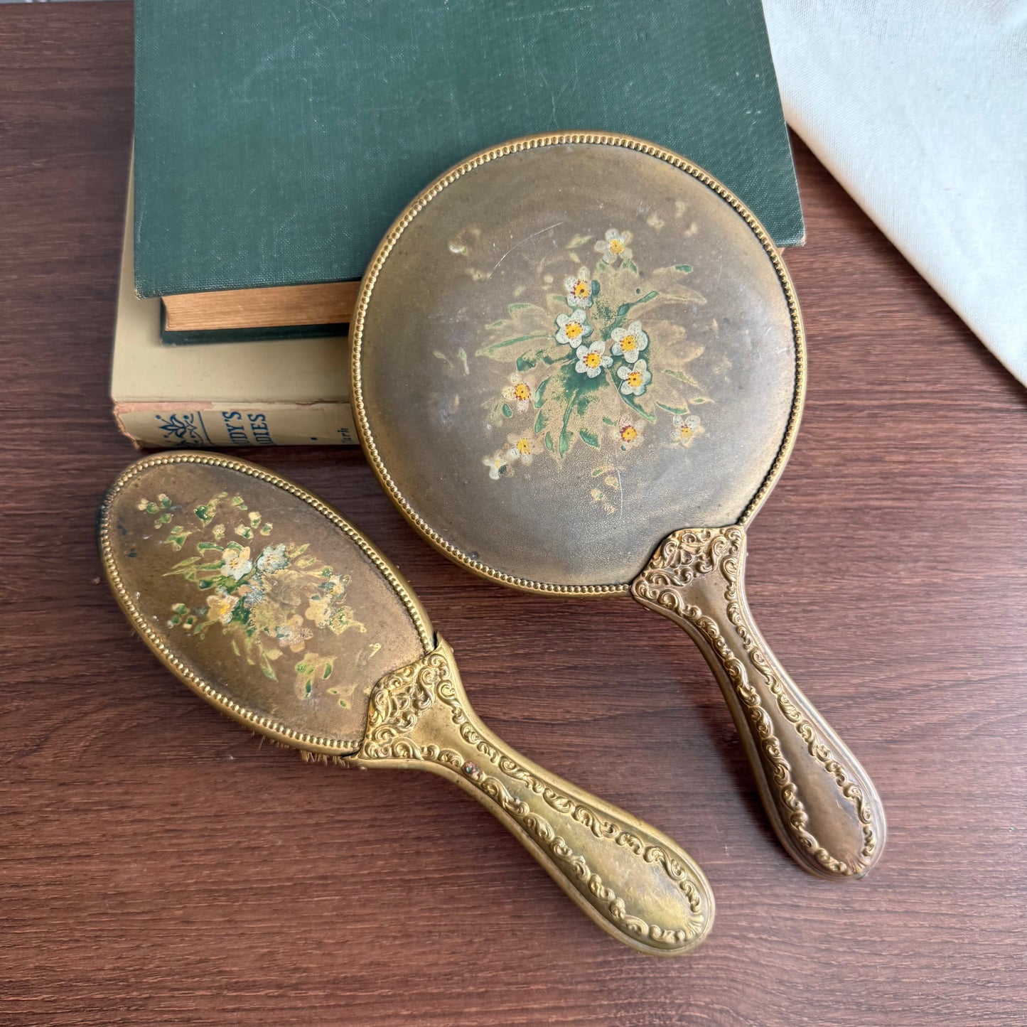 Vintage Gold tone with yellow flowers Hand Mirror and Brush set