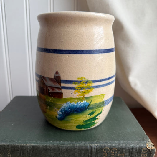 Small Crock Off-White Blue Stripes Hand Painted