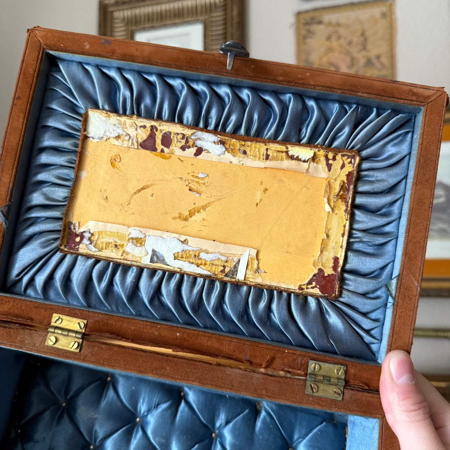Vintage Ornate Velvet Jewelry Box – Blue Satin Tufted Interior, Decorative Metal Trim & Feet, Mid-Century Asian Design