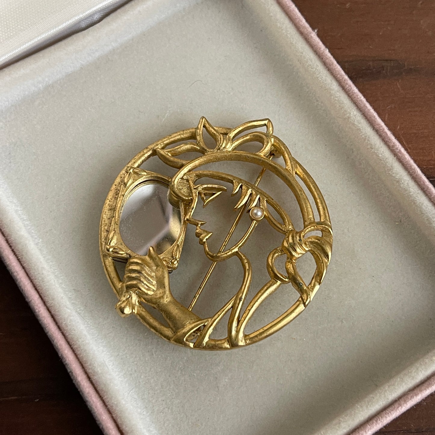 Vintage TONA Art Deco Woman Looking in Mirror Gold Vintage Brooch Pin