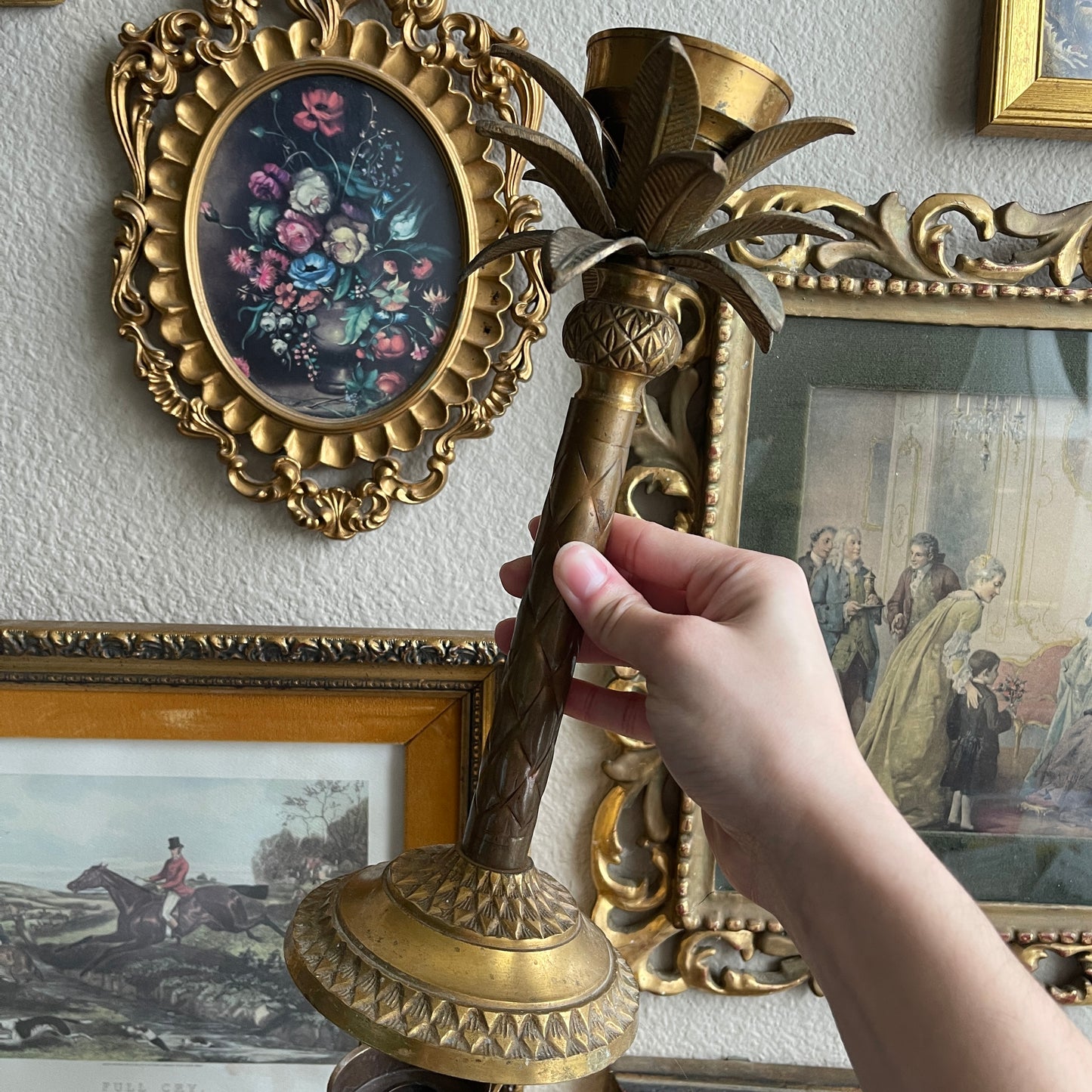 Vintage Palm Tree Frond Leaf Brass Taper Candle Stick Holders