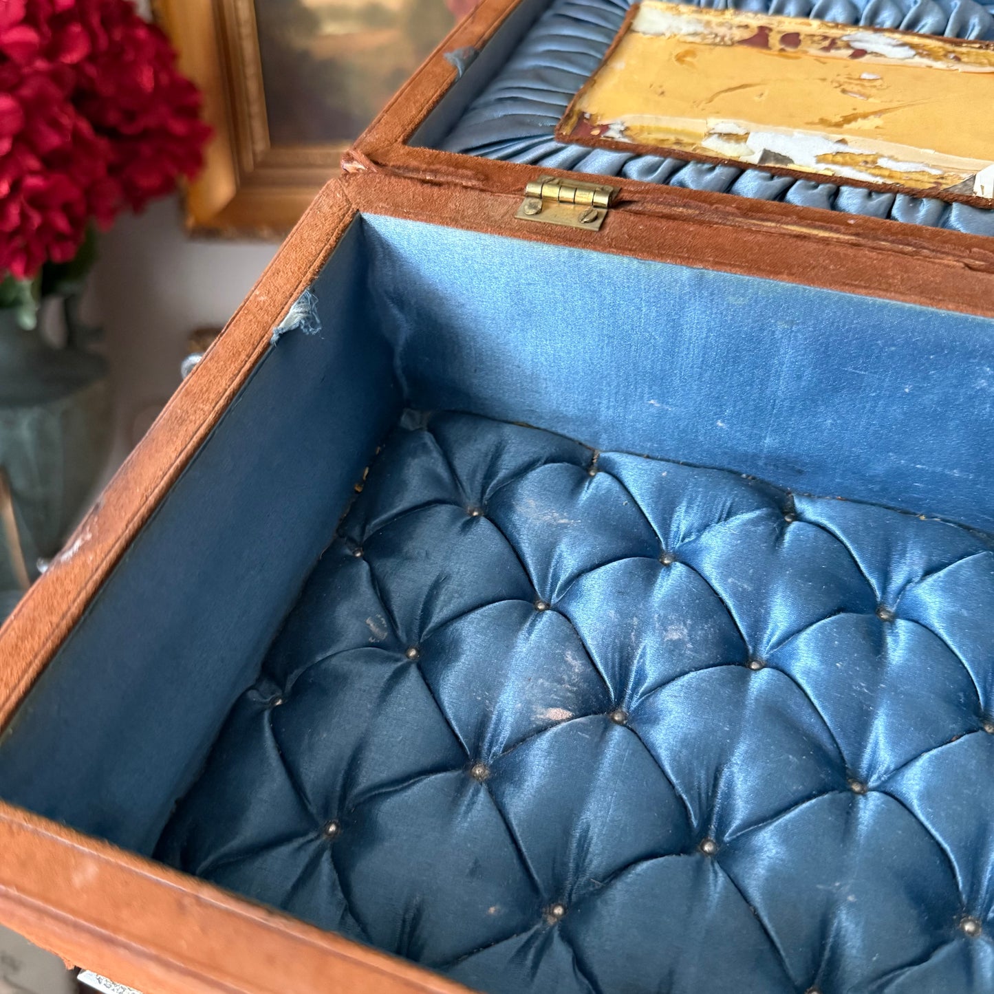 Vintage Ornate Velvet Jewelry Box – Blue Satin Tufted Interior, Decorative Metal Trim & Feet, Mid-Century Asian Design