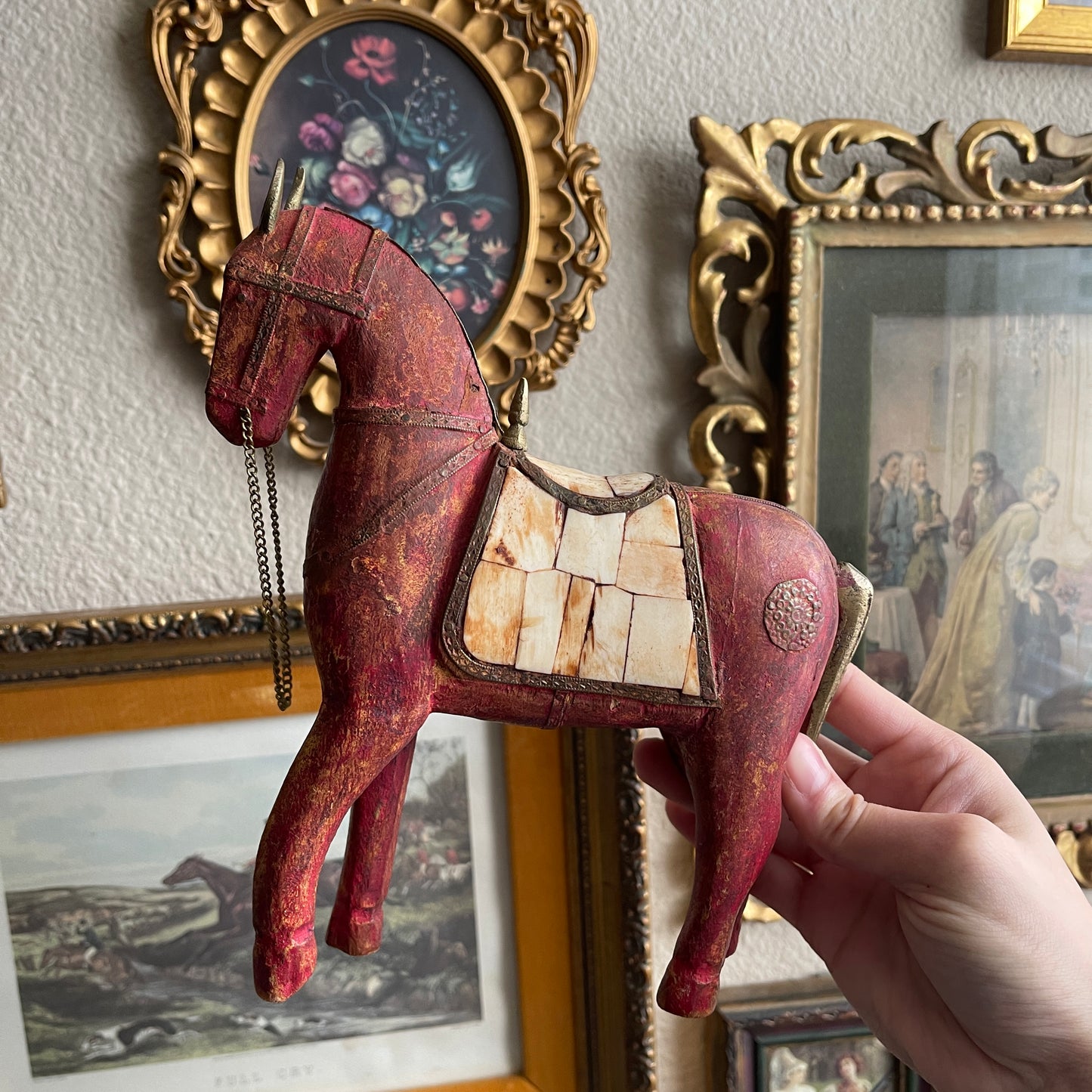 Red and Brown Wooden Horse, Hand Carved Sculpture Horse Brass And Bone detail