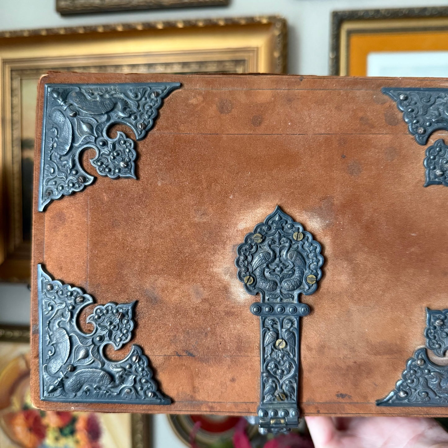 Vintage Ornate Velvet Jewelry Box – Blue Satin Tufted Interior, Decorative Metal Trim & Feet, Mid-Century Asian Design
