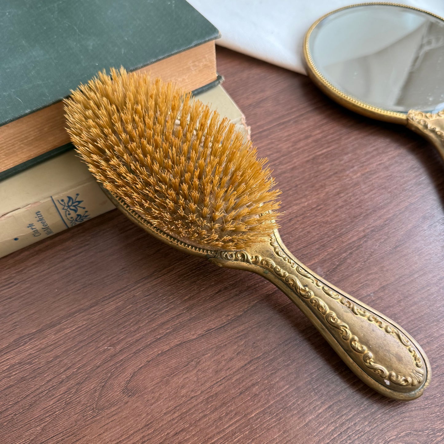 Vintage Gold tone with yellow flowers Hand Mirror and Brush set