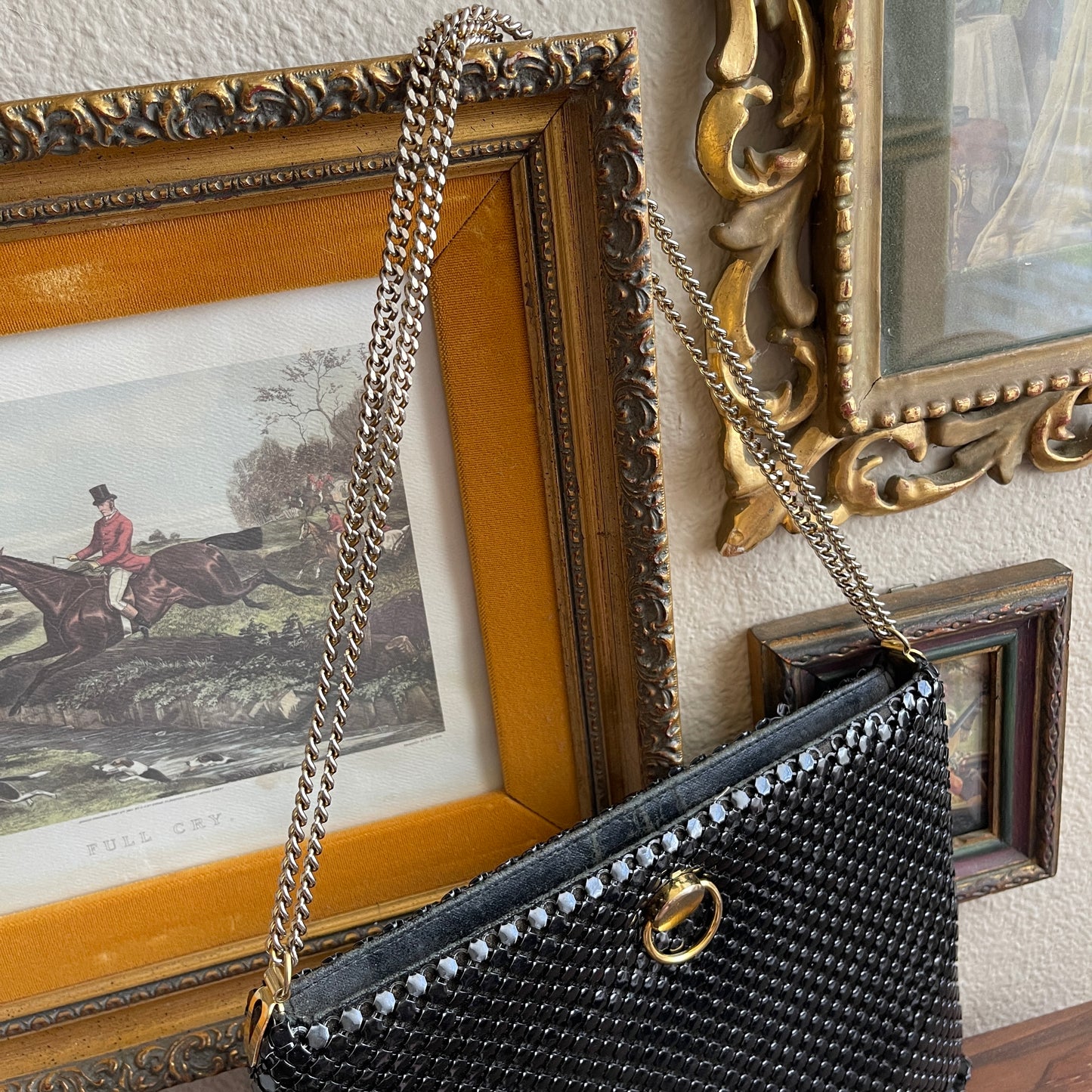 Vintage Purse Clutch Black Metal Mesh Double Chain Strap Hinged Opening